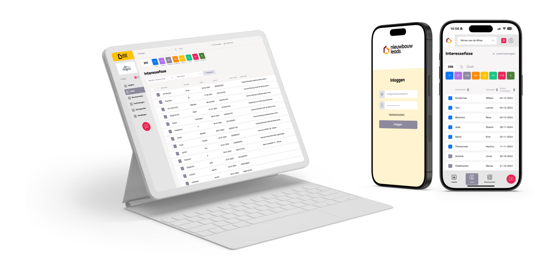 Het CRM en de mobiele app in het officiële productbeeld van NieuwbouwLeads