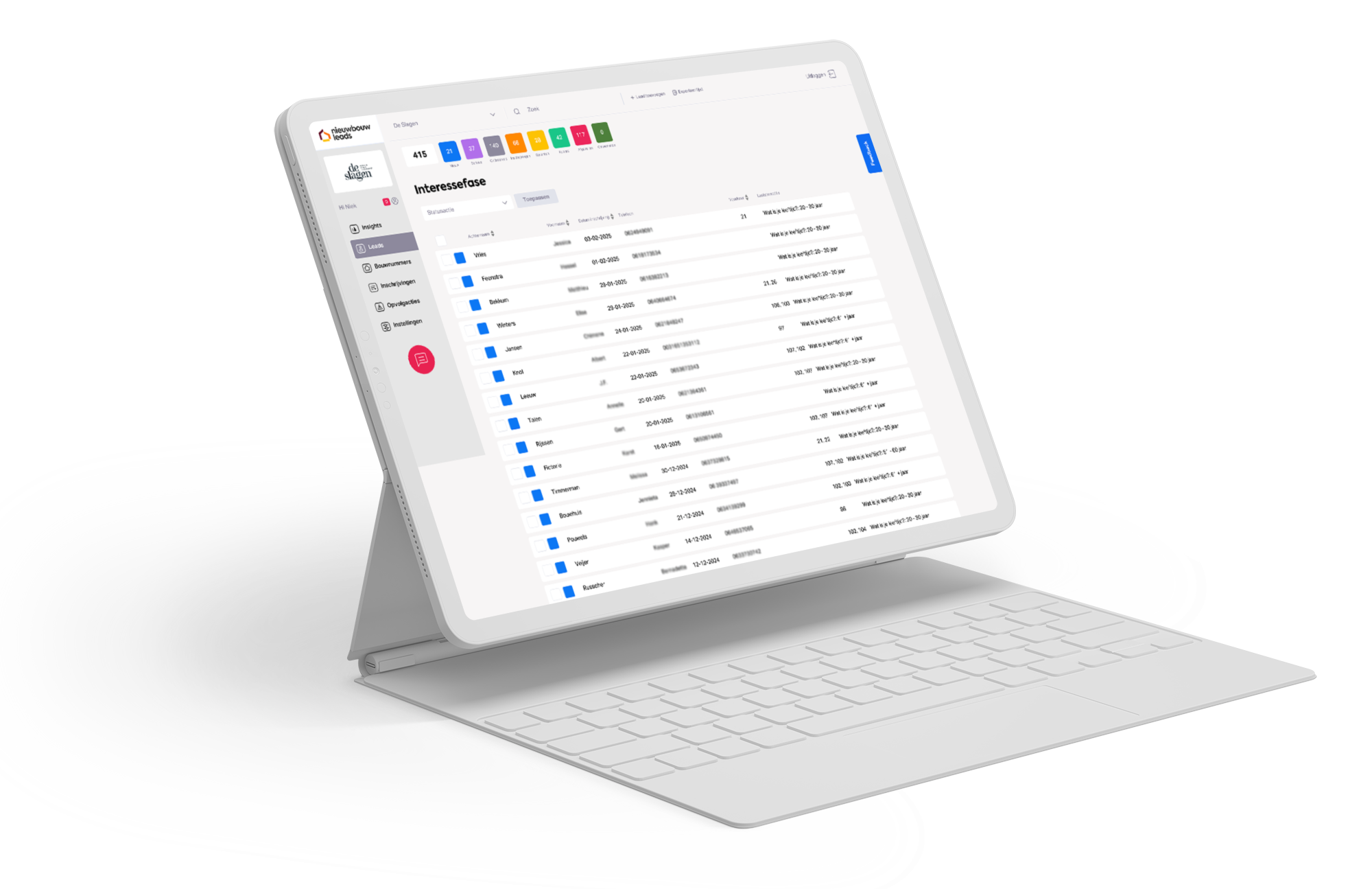 De echte NieuwbouwLeads-kandidatenlijst in het officiële tabletbeeld
